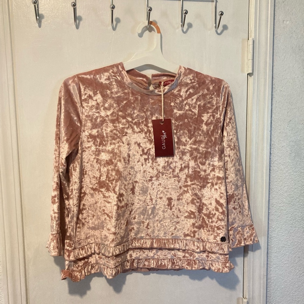Gaudi Teen size 16 pink stretchy velvet long sleeve ruffled semi formal top
